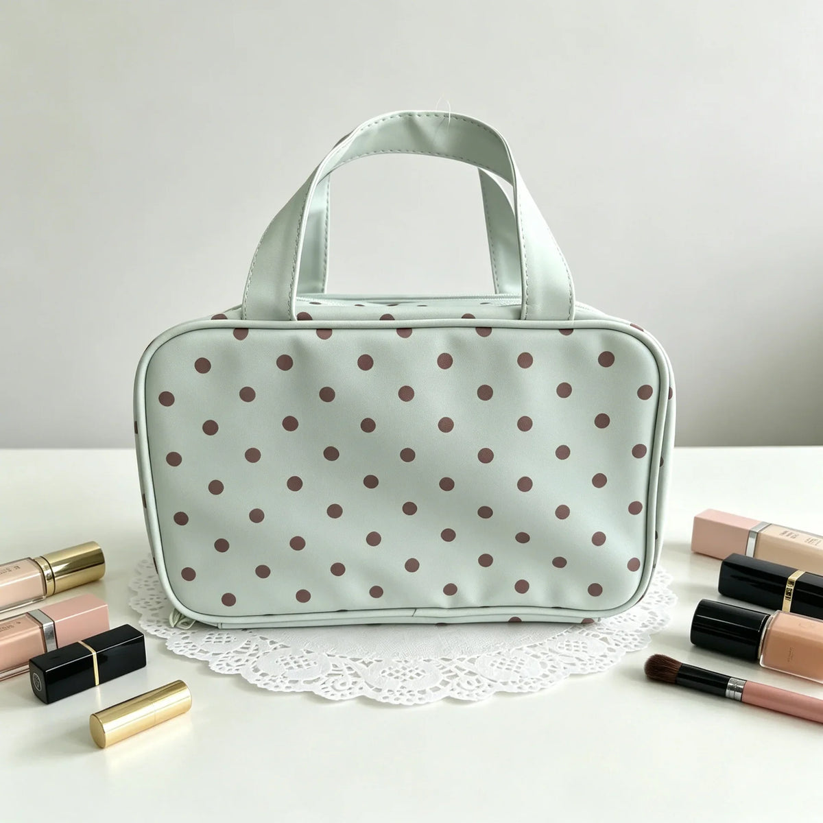 Korean Mint Green Polka Dot PU Leather Makeup Bag – Large Cosmetic Makeup Bag Qme mint green