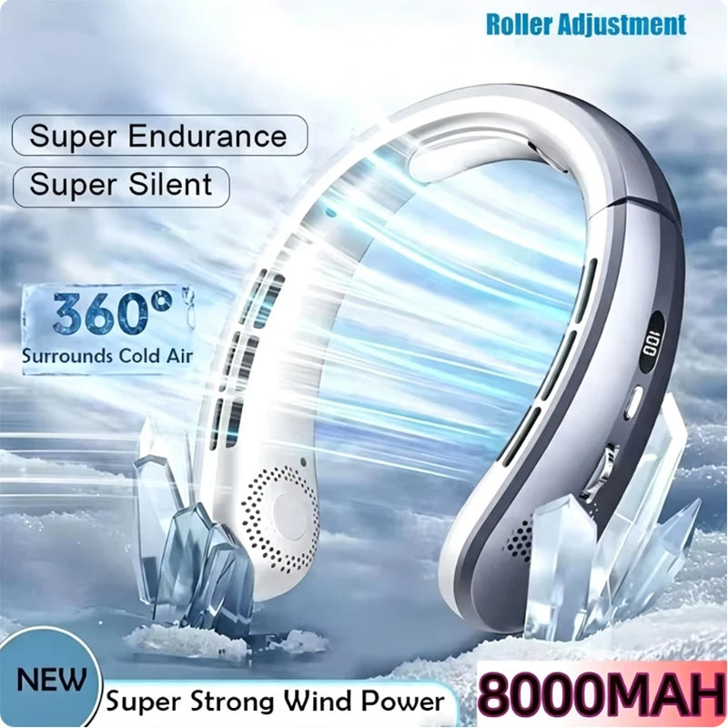 8000mAh Bladeless Neck Fan – USB Rechargeable, 100 Speeds Wearable Neck Fan Qst