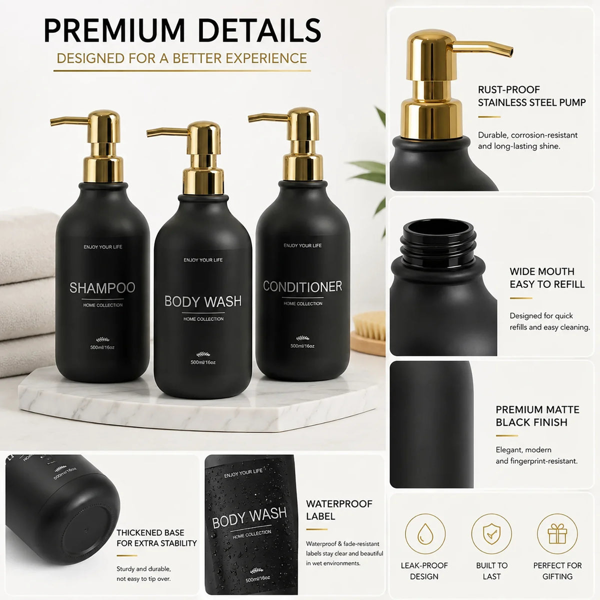 Matte Black Shower Dispenser Bottles – Shampoo & Body Wash Pump Shower Dispenser Bottles Qme