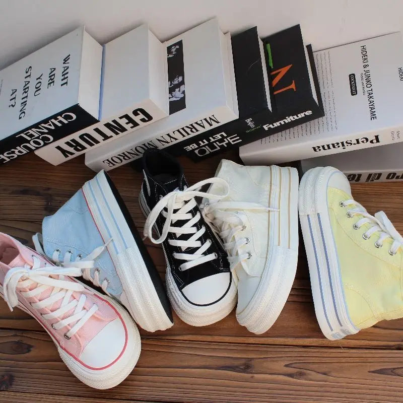 Women's Pink High Top Canvas Sneakers – Casual Lace-Up Flats Canvas High Top Sneakers Qst