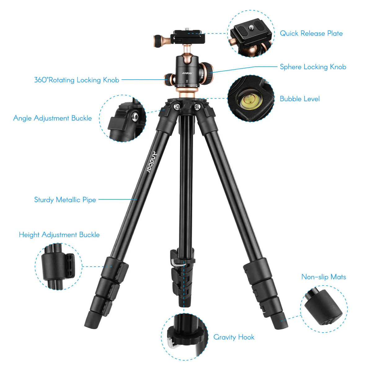 Andoer Q160SA Aluminum Tripod with 360° Panoramic Ball Head Camera Tripod Qst