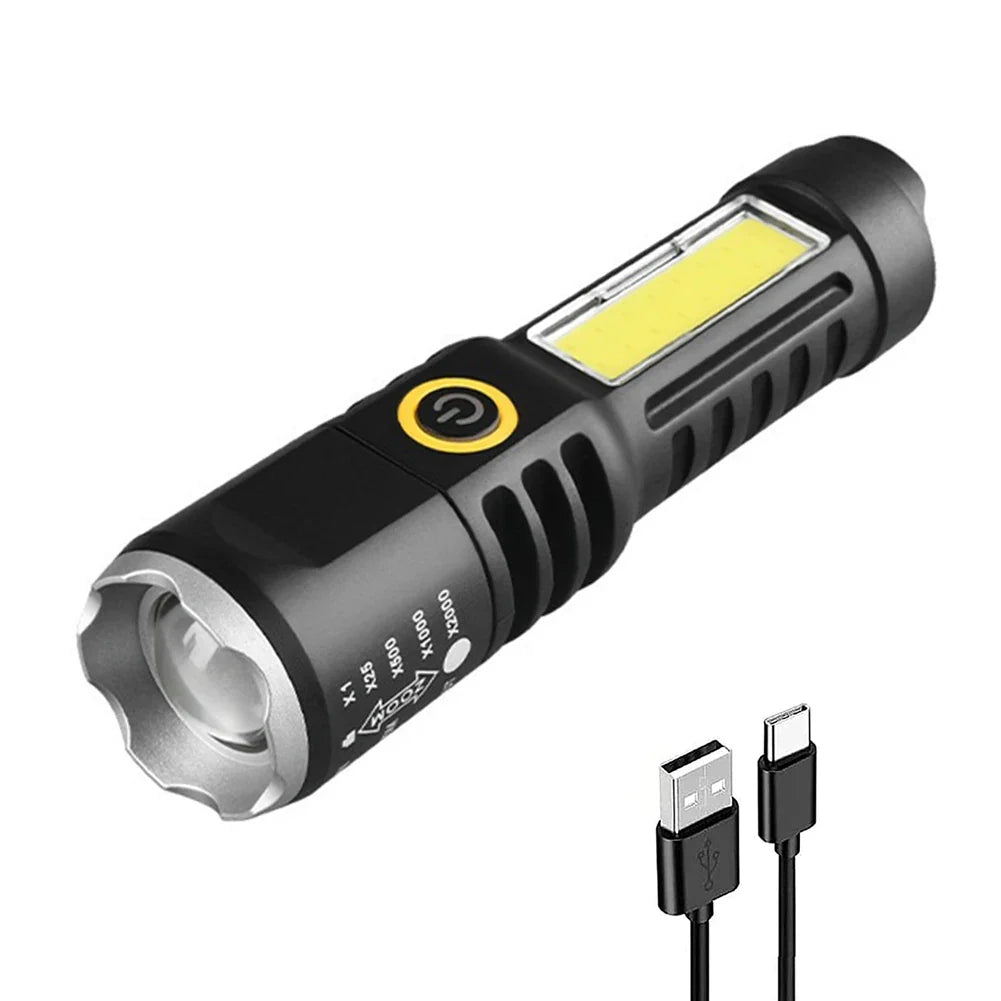Waterproof Telescopic Zoom XPE COB LED Torch – 4 Modes LED Flashlight Torch Qme WHITE Silver