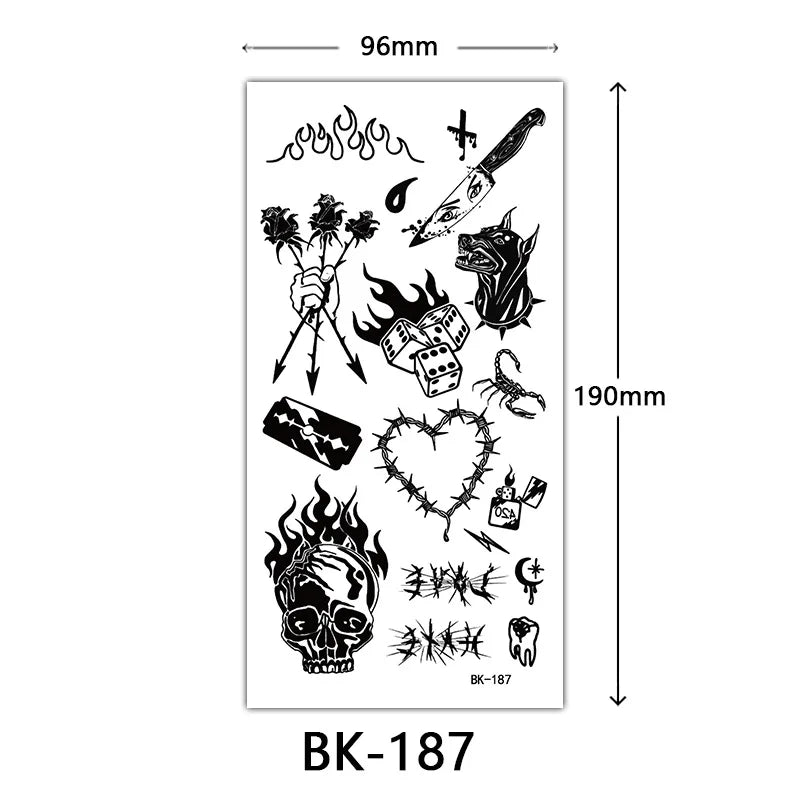 Ghoic Skull & Flower Temporary Tattoos – Sketch Body Art Temporary Tattoo Stickers Qme
