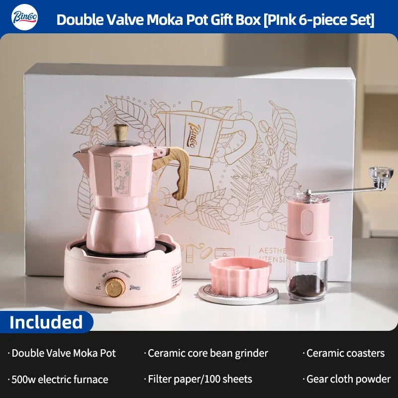 BINCOO Dual Valve Moka Pot Gift Box – Espresso Coffee Maker Moka Pot Qst white 6pcs set A