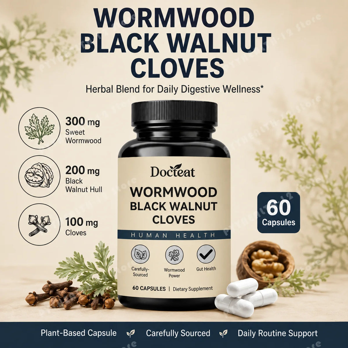 Wormwood Black Walnut Cloves Capsules 60ct | Herbal Blend Herbal Supplement Qst