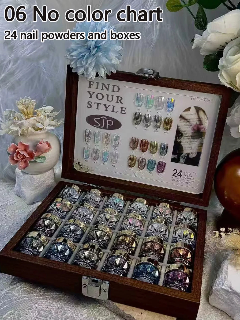 Aurora Chrome Nail Powder Set 24 Colors with Mirror Storage Box Chrome Nail Powder Set Qme 06 Colorless Card