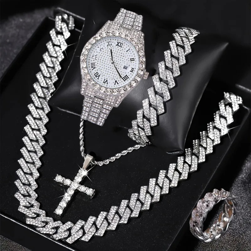 Men's Iced Out Cuban Chain Watch & Bracelet Jewelry Combo Jewelry Combo Set Qme