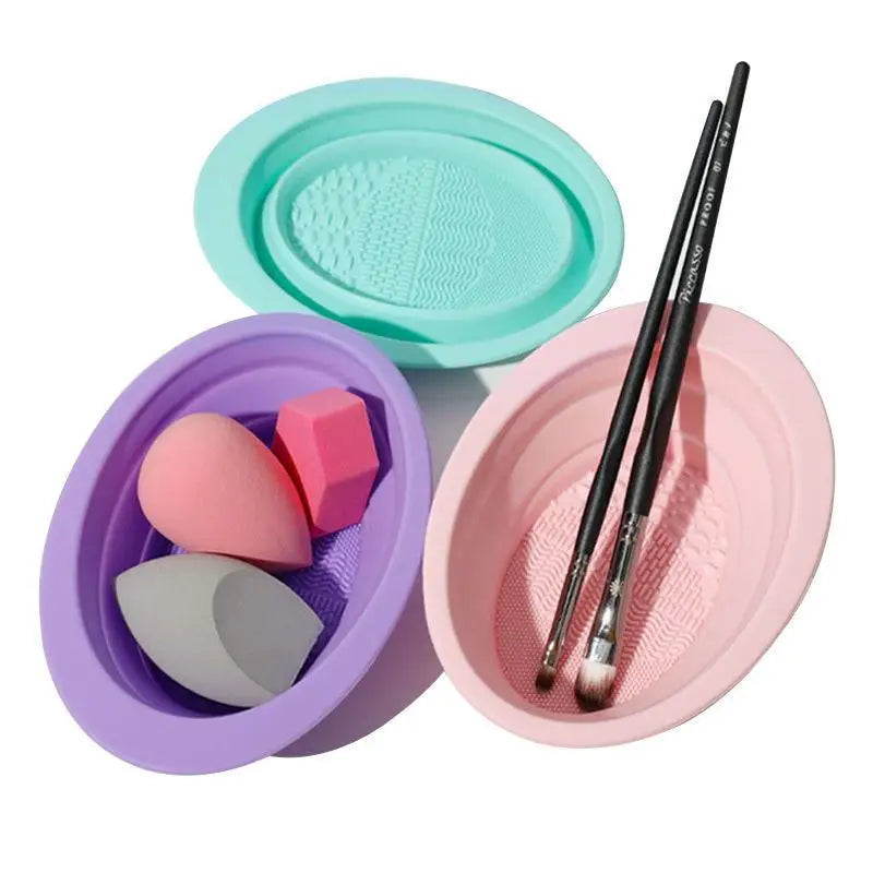 Foldable Silicone Makeup Brush Cleaning Bowl & Scrubber Makeup Brush Cleaner Qst