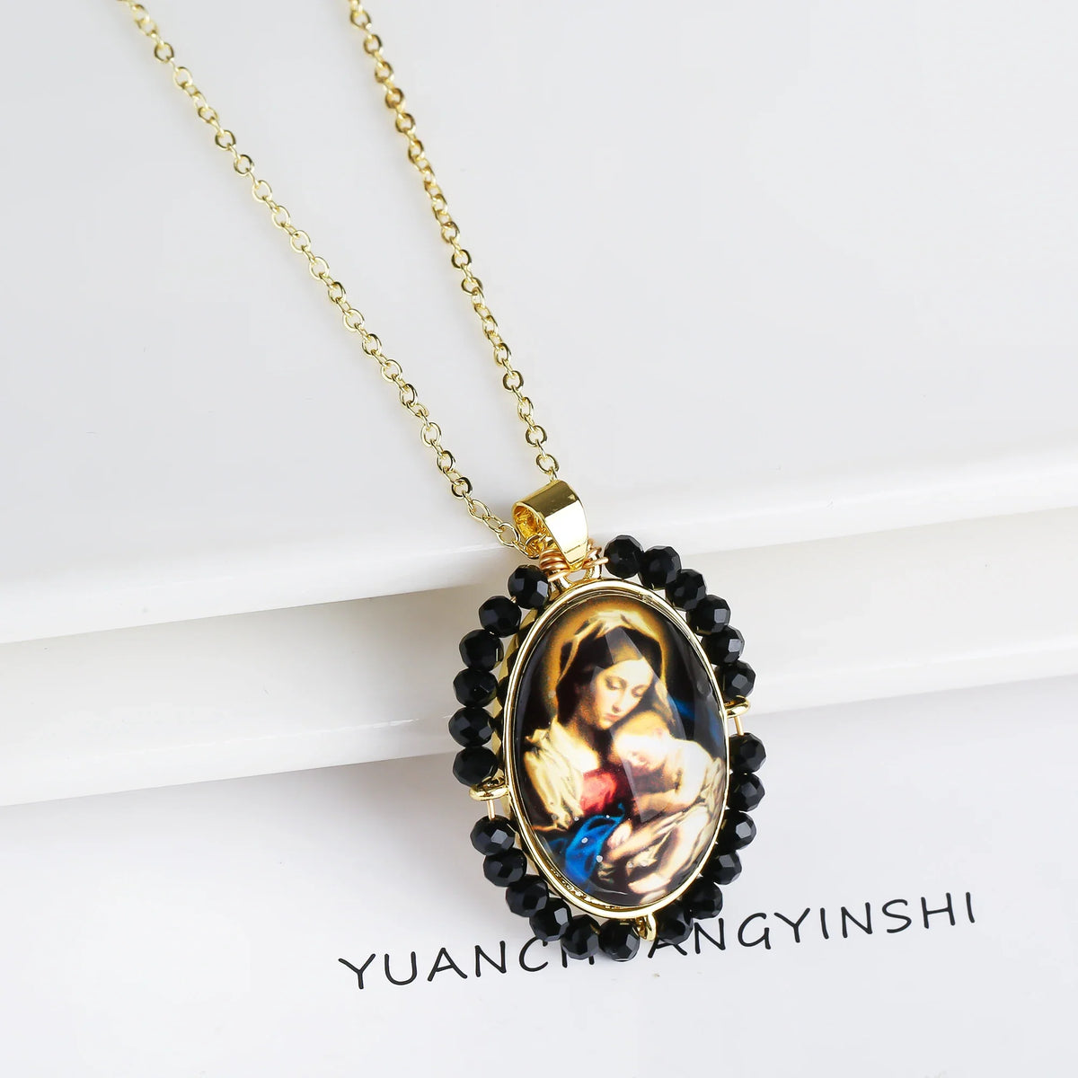 Christian Catholic Oval Pavé Image Pendant – 15 Metal Colors Religious Pendant Qme 1