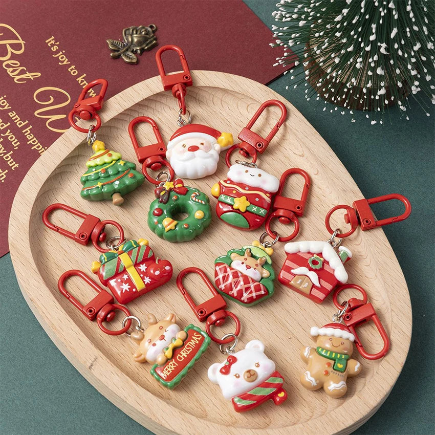 10-Piece Cartoon Christmas Keychain Set – Santa & Reindeer Holiday Keychain Set Qst