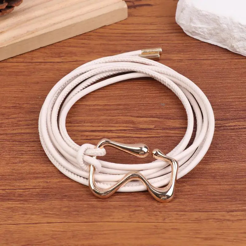 Women's PU Leather Thin Waist Belt – Gold Knotted Buckle Women's Fashion Belt Qst Beige
