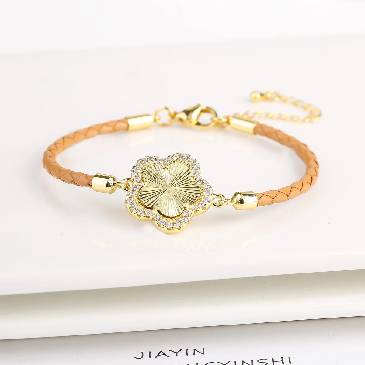 Zirconia Flower Leather Braided Bracelet for Women | 39 Colors Fashion Bracelet Qme Gold