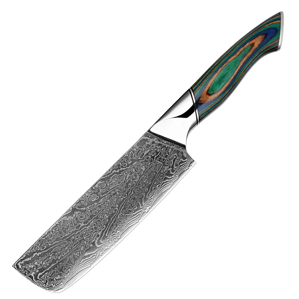 Xituo Damascus Steel Chef Knife Set – Green Wood Handle Chef Knife Set Qst Nakiri Knife