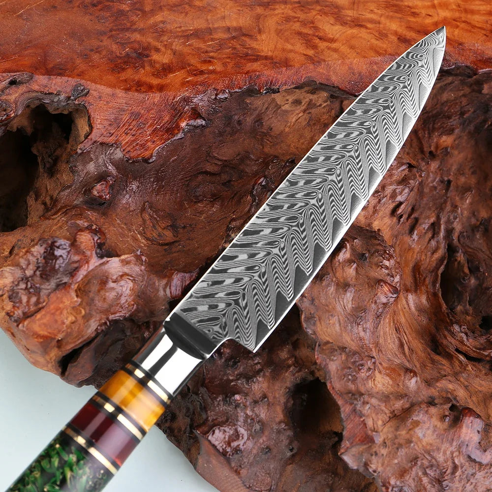 5-Inch Damascus Steel Utility Knife – Rice Husk Resin Handle Utility Kitchen Knife Qst