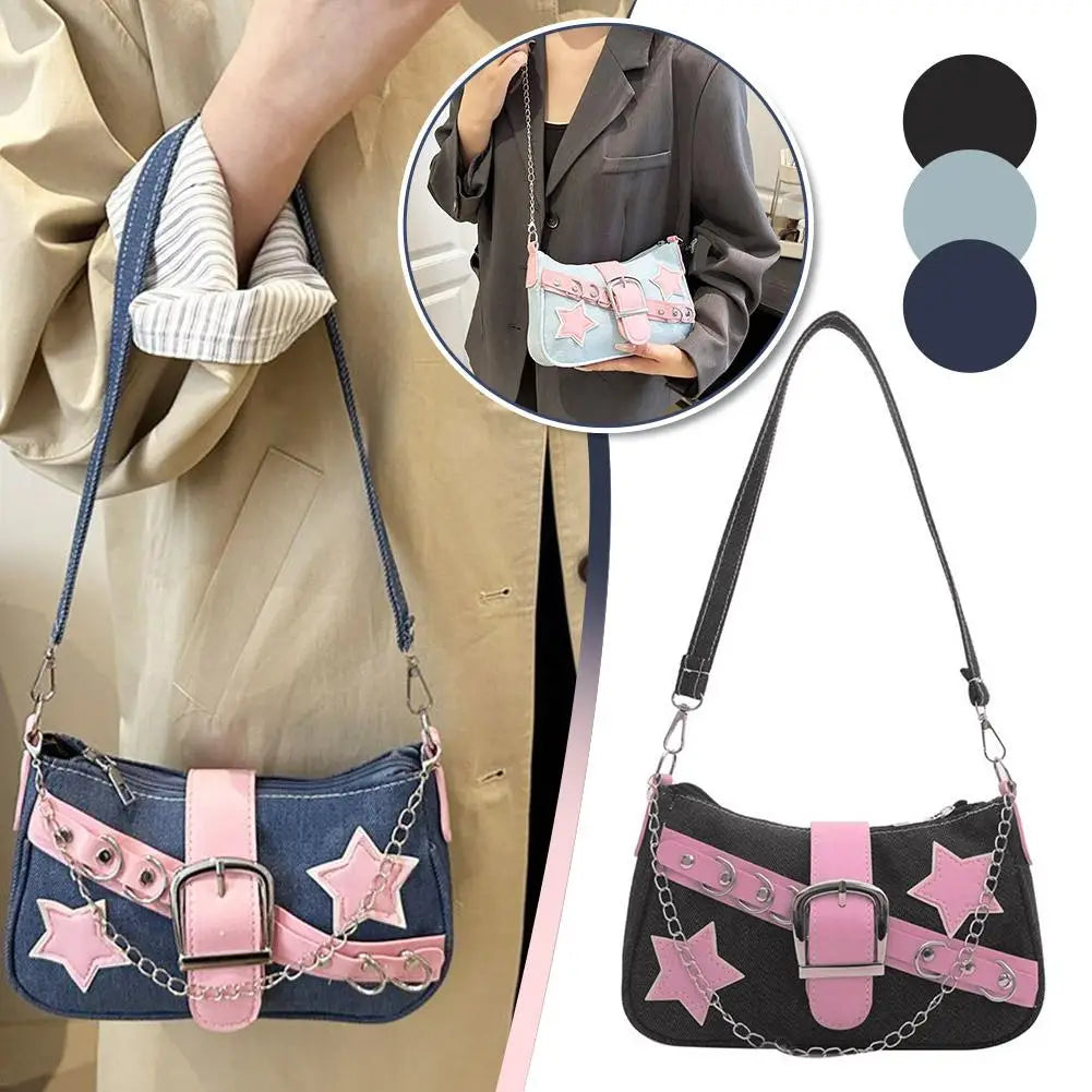 Women's Denim Stars Underarm Shoulder Bag – Trendy Handbag Underarm Shoulder Bag Qme