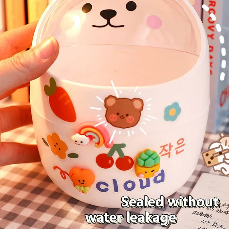 Mini Kawaii Desk Trash Can with Lid & Pen Holder | Stainless Steel Mini Desk Trash Can Qme