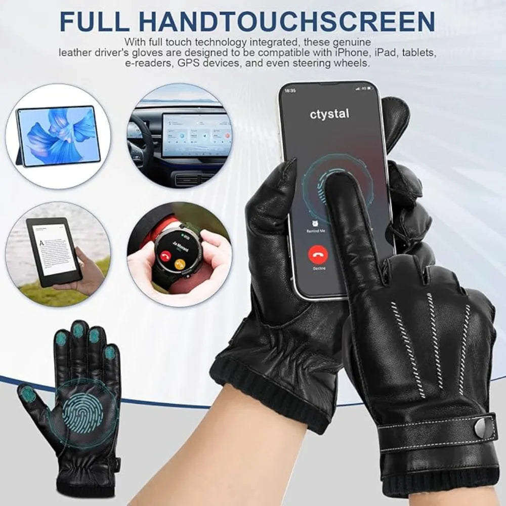 Men's PU Leather Winter Gloves – Touchscreen Waterproof Driving Winter Driving Gloves Qme
