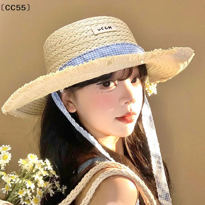 Women's Wide-Brim Straw Beach Hat – Floral Lace Bow Sun Hat Straw Sun Hat Qst