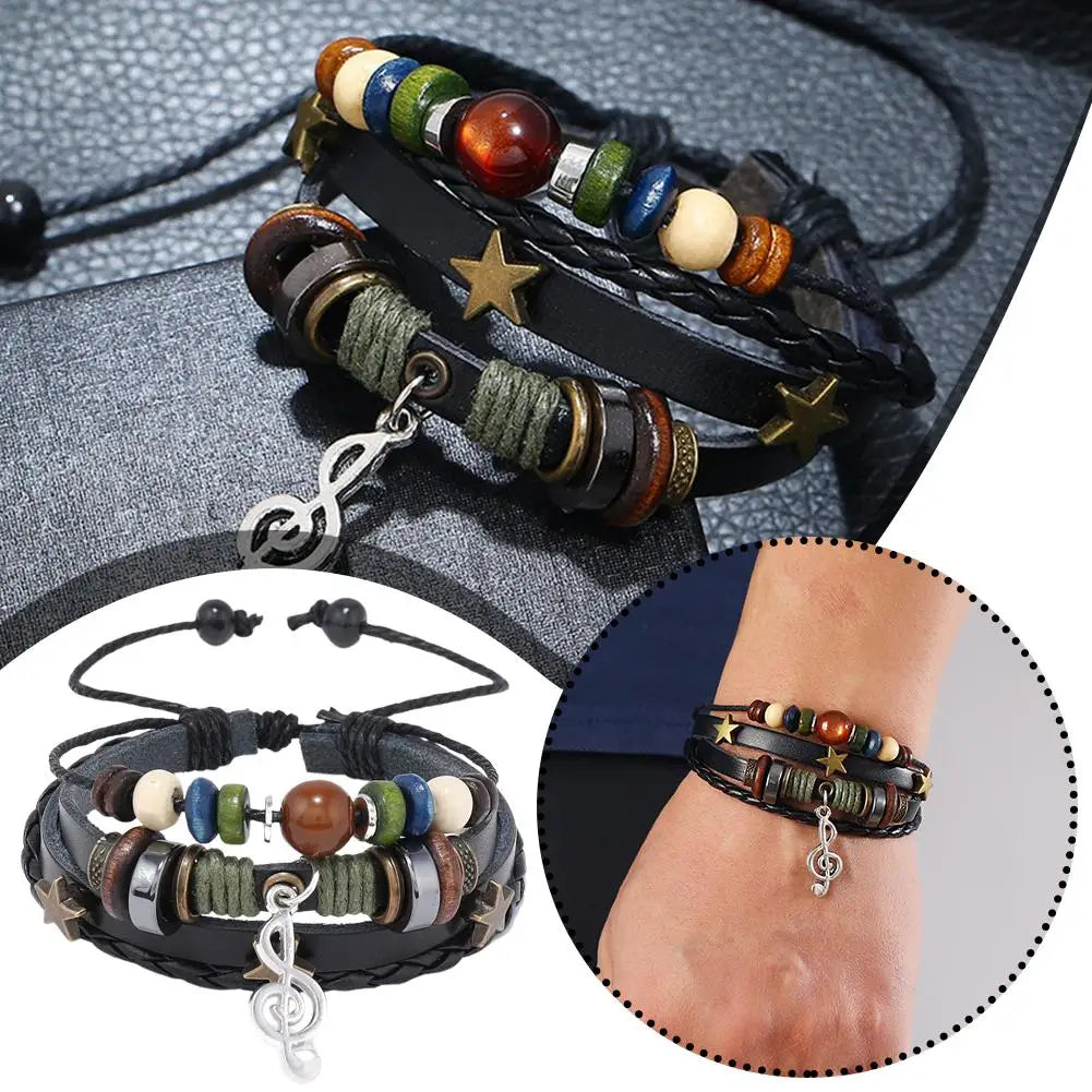 Handmade Hippie Brown Leather Bracelet – Metal Star Charm Leather Bracelet Qme