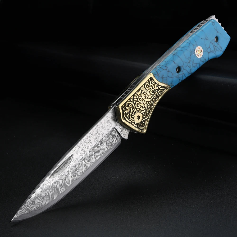 XUANFENG Damascus Folding Pocket Knife – Blue Pattern Steel Damascus Folding Knife Qst Blue