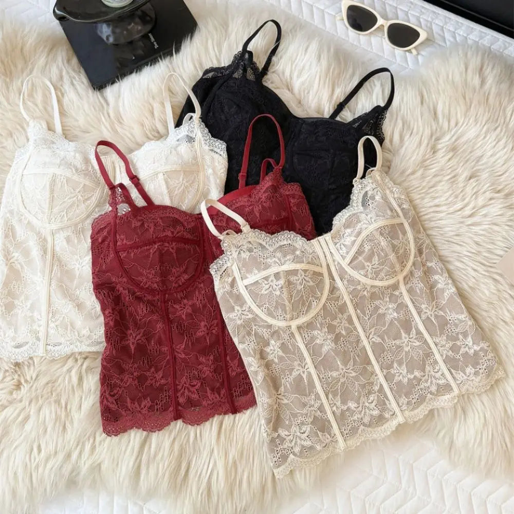 Women's Mesh Floral Lace Crop Vest Top | Slim Fit Summer Cami Lace Crop Camisole Qme