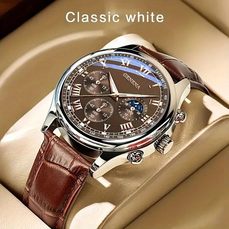 Geneva Men's Quartz Watch – Leather Strap, Large Dial, Bronze Men's Quartz Watch Qme