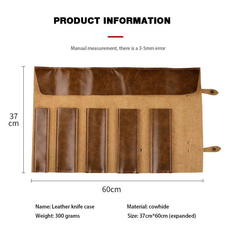 XITUO Genuine Leather Chef Knife Bag – 5-Slot Portable Roll Knife Roll Bag Qst