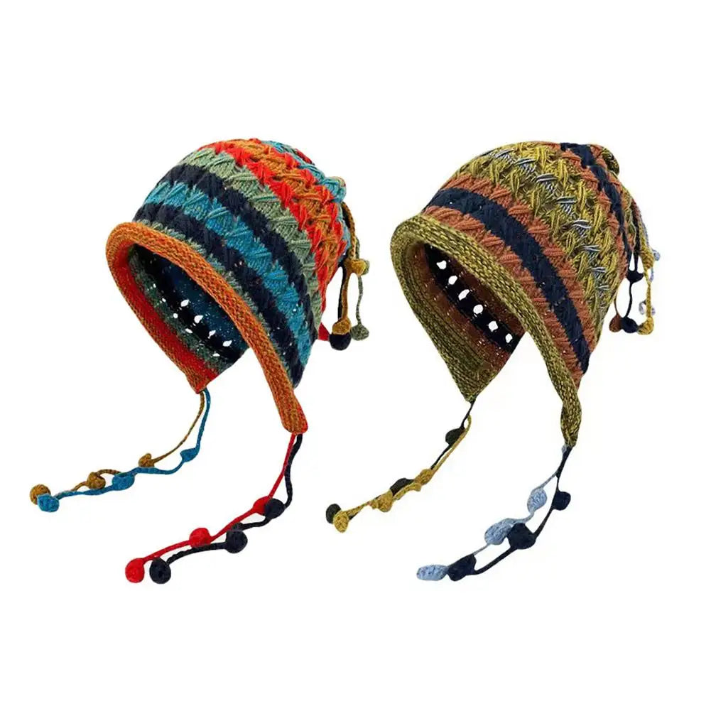 Rainbow Striped Knit Beanie Hat – Women's Winter Warm Cap Knit Beanie Hat Qme