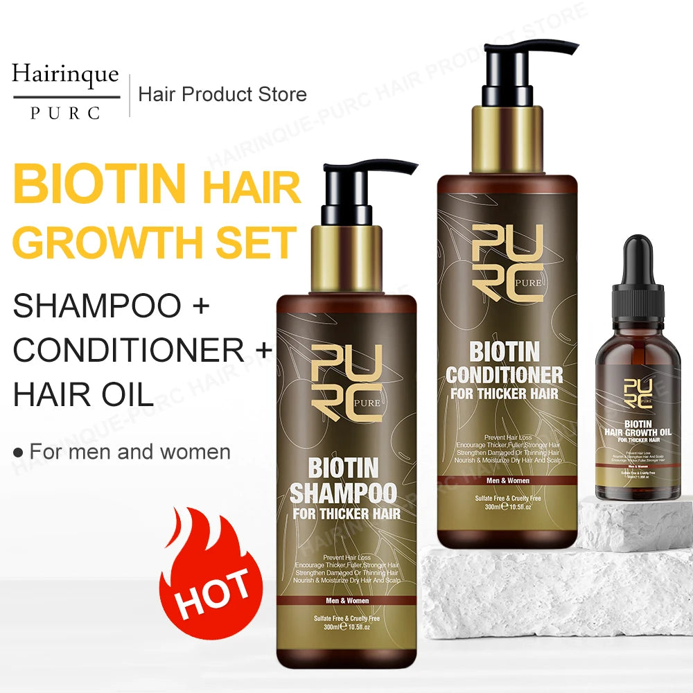 PURC Biotin Shampoo, Conditioner & Hair Growth Oil Set Hair Care Set Qst