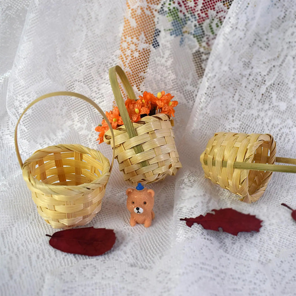 Miniature Woven Wood Flower Basket – Rustic Desktop Ornament Miniature Woven Basket Qme