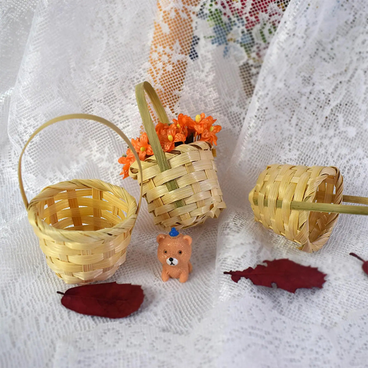 Miniature Woven Wood Flower Basket – Rustic Desktop Ornament Miniature Woven Basket Qme