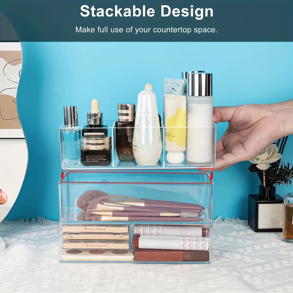 3-Compartment Stackable Makeup Storage Box with Drawers Makeup Organizer Qme