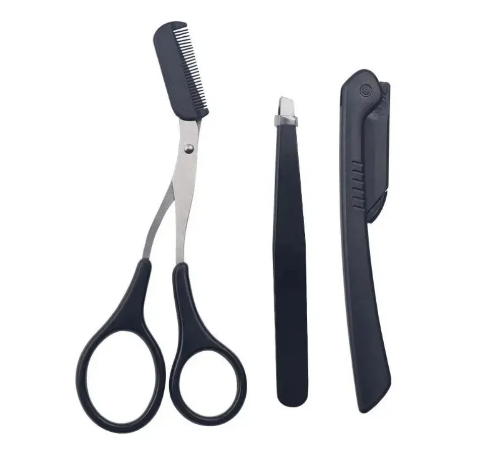 3-Piece Stainless Steel Eyebrow Trimmer Set – Clip, Comb & Scissors Eyebrow Grooming Set Qme