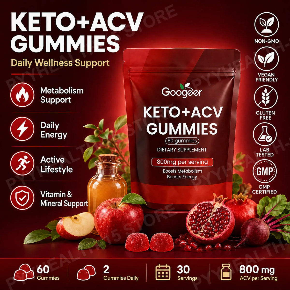 Googeer KETO+ACV Gummies – Apple Cider Vinegar, 60 Count Dietary Supplement Gummies Qst