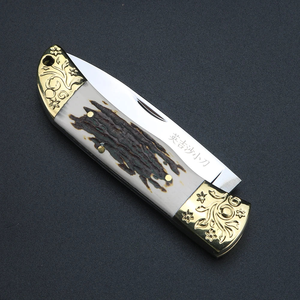 XUAN FENG Brass Deer Antler Folding Knife – Mirror Polished Folding Pocket Knife Qst