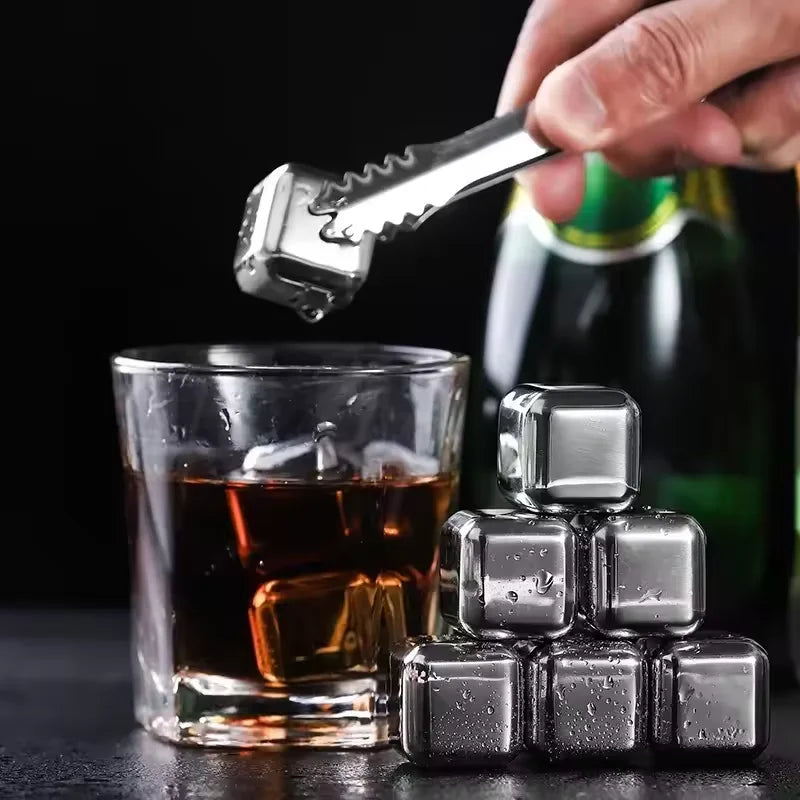 Reusable Stainless Steel Ice Cubes Set – 8/12 Pcs Whiskey Stones Bar Chilling Stones Qst