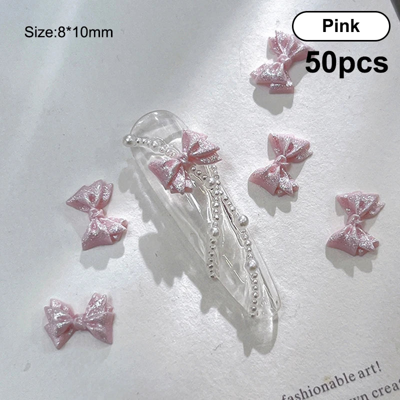 50PCS 3D Bow Nail Art Charms – Kawaii Pearlescent Resin Decor Nail Art Charms Qst Pink