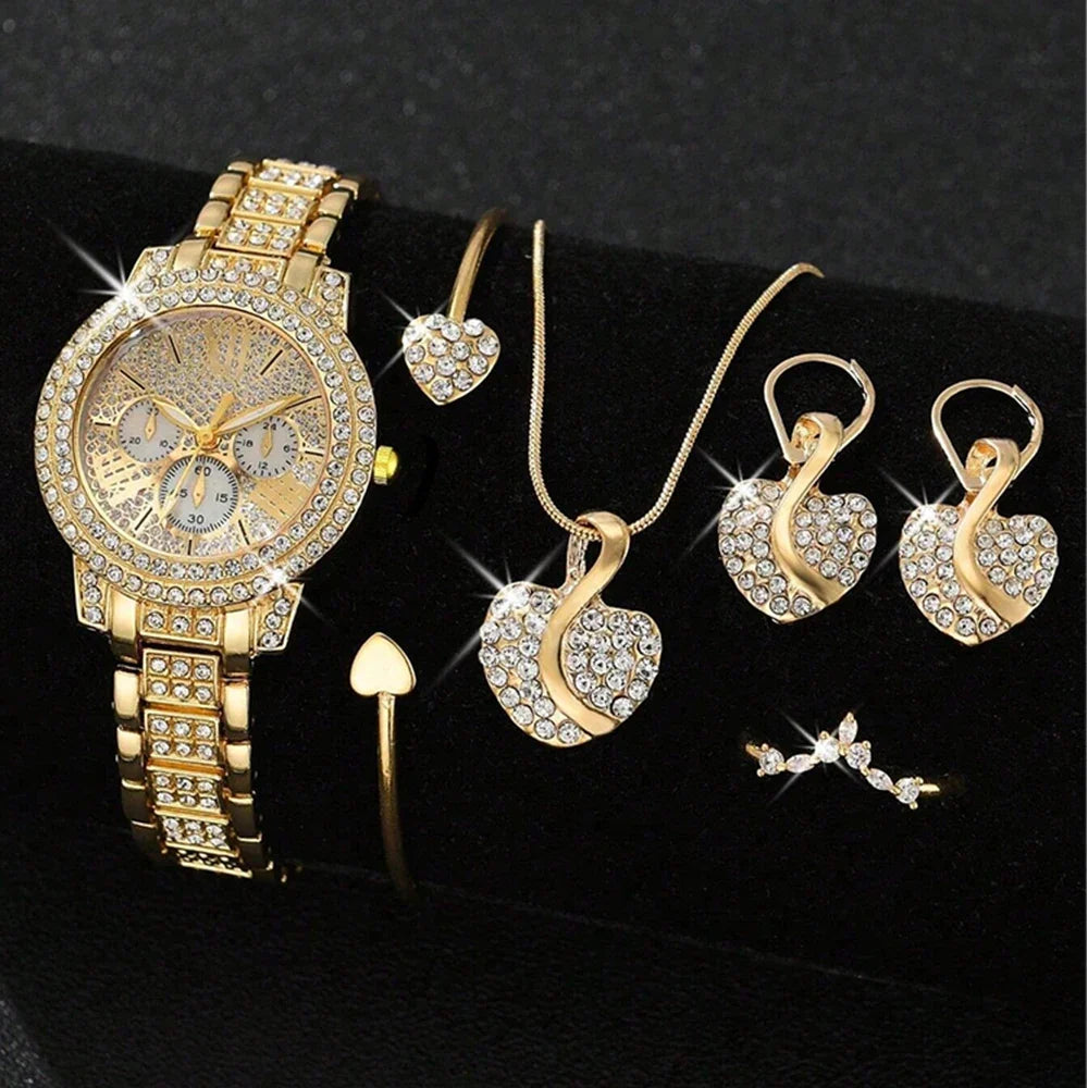 Women's Gold Quartz Watch & Jewelry Set – Ring, Necklace, Earring Watch & Jewelry Set Qme Gold