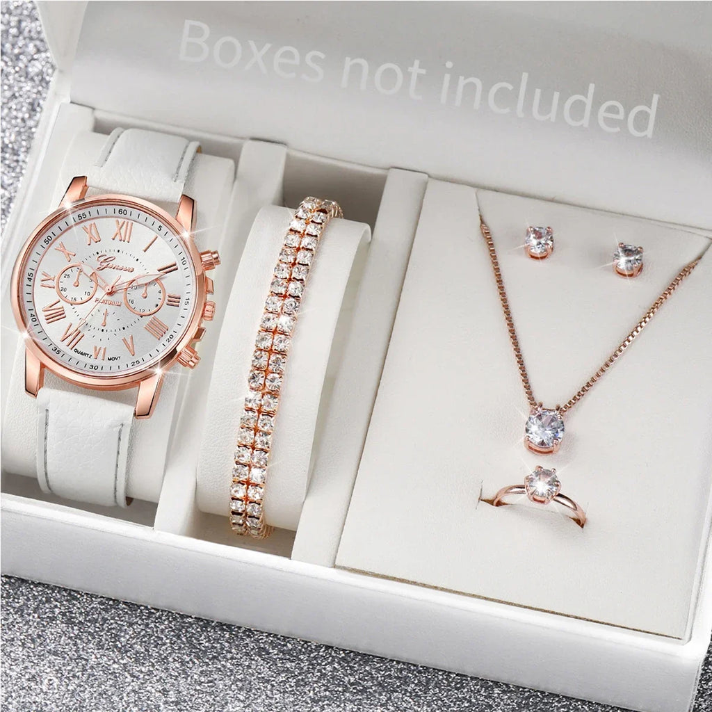 Rose Gold Ladies Chronograph Watch | White Leather & CZ Ladies Fashion Watch Qme