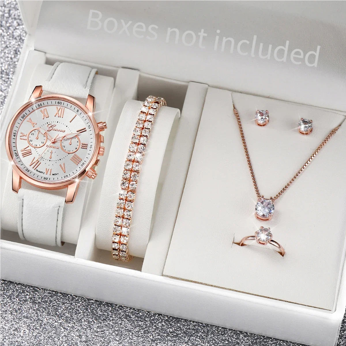 Rose Gold Ladies Chronograph Watch | White Leather & CZ Ladies Fashion Watch Qme