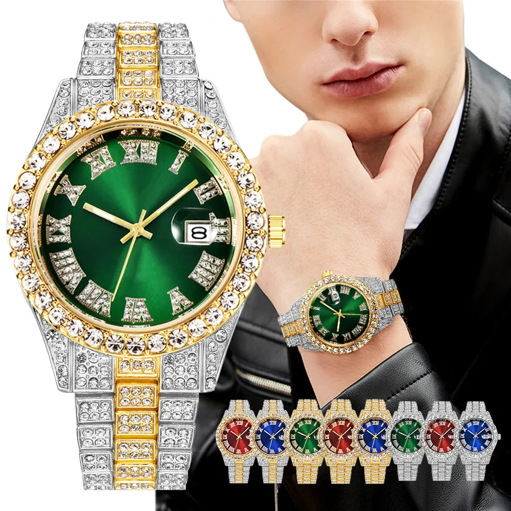 Men's Full Diamond Quartz Watch – Steel Band & Calendar Men's Quartz Watch Qme