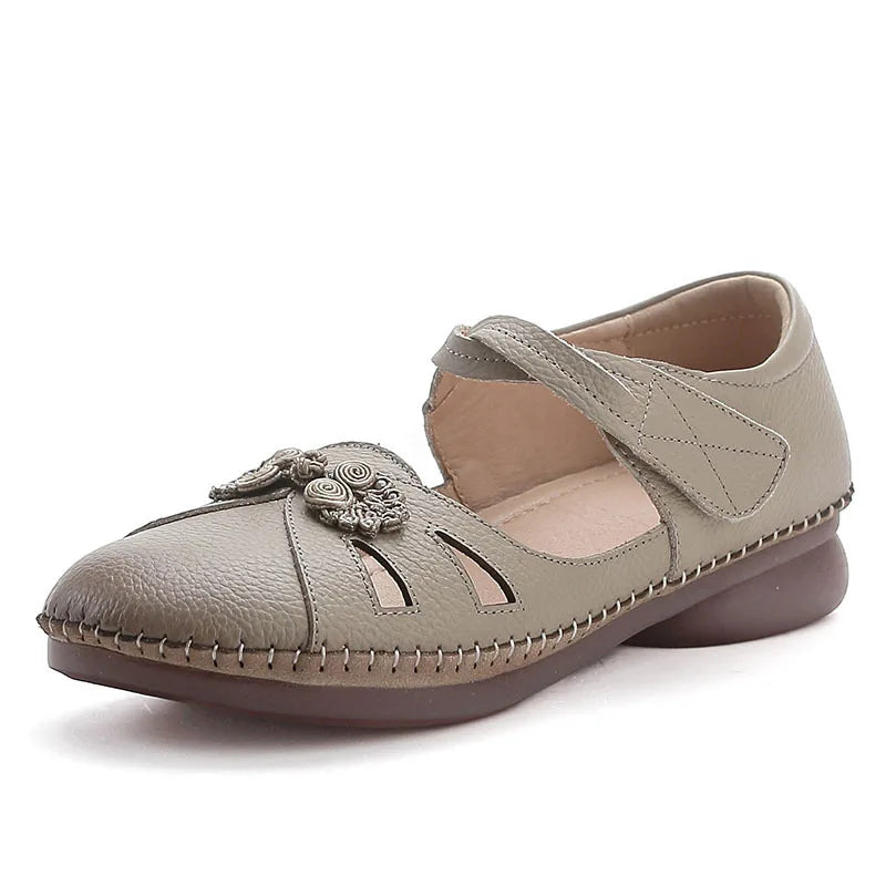 Women's Vintage Roman Flat Sandals – Elegant Leather Loafers Flat Sandals Qst Apricot CN 37