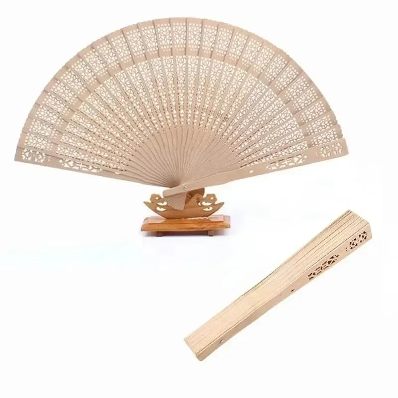 Sandalwood Scented Folding Hollow Wooden Hand Fan – 22 Ribs Decorative Hand Fan Qme