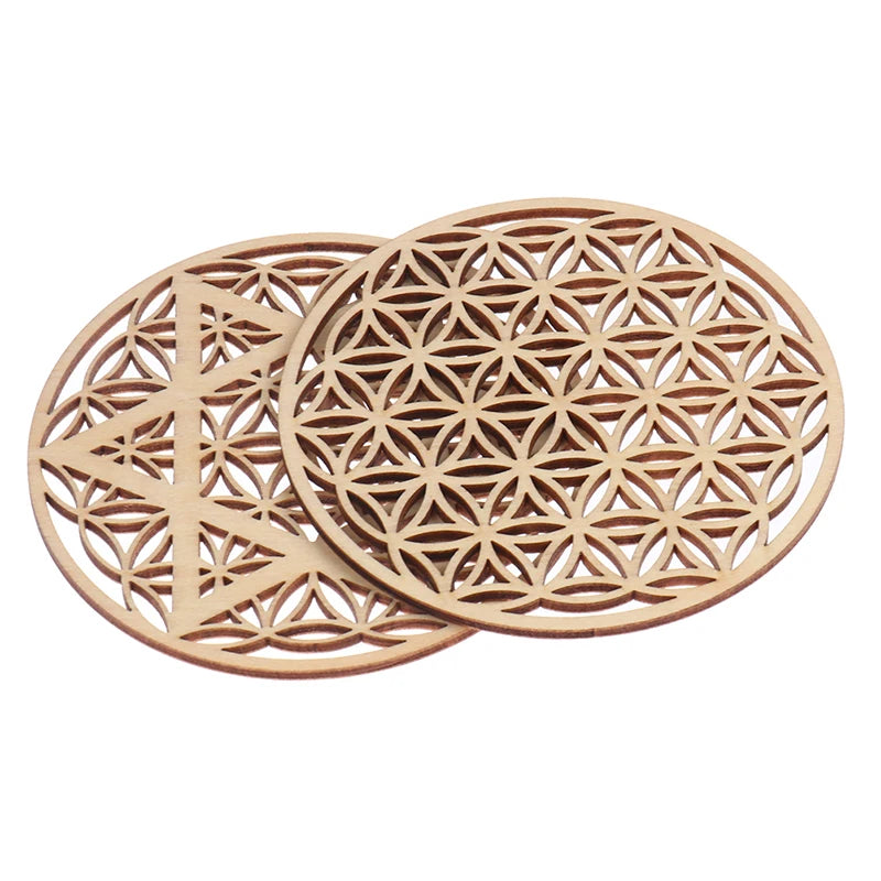 Chakra Flower Carved Natural Wood Coaster – 10cm Round Wood Coaster Qst