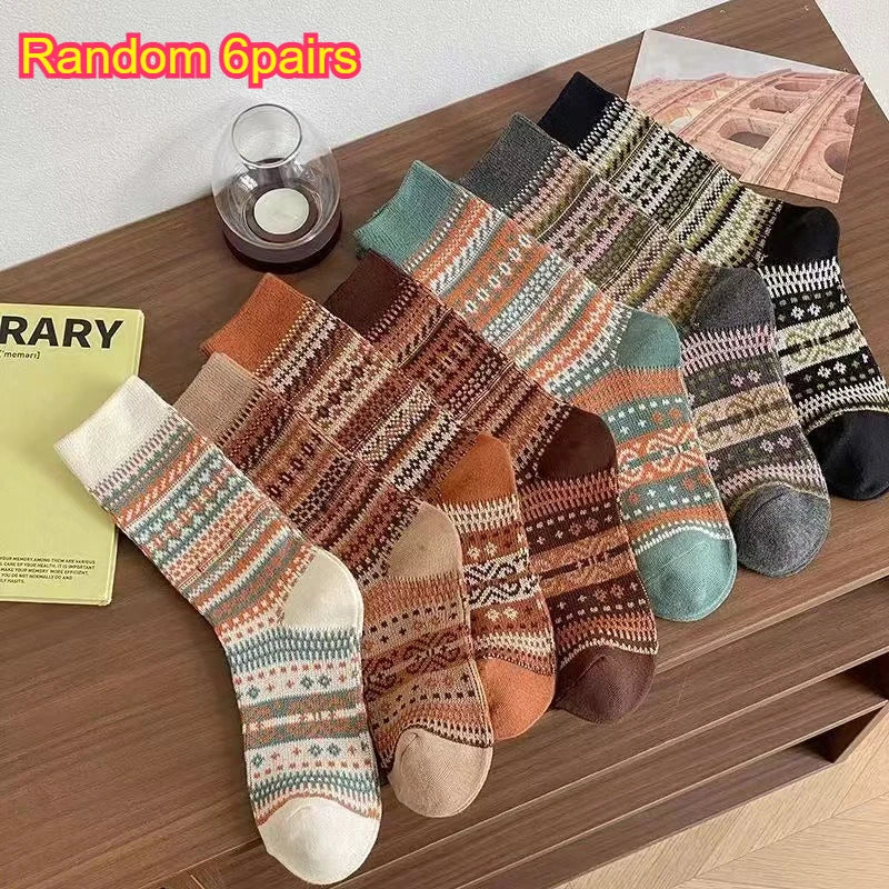 Vintage Fair Isle Crew Socks | Retro Ethnic Pattern Winter Socks Crew Socks Qme Random 6pairs One Size