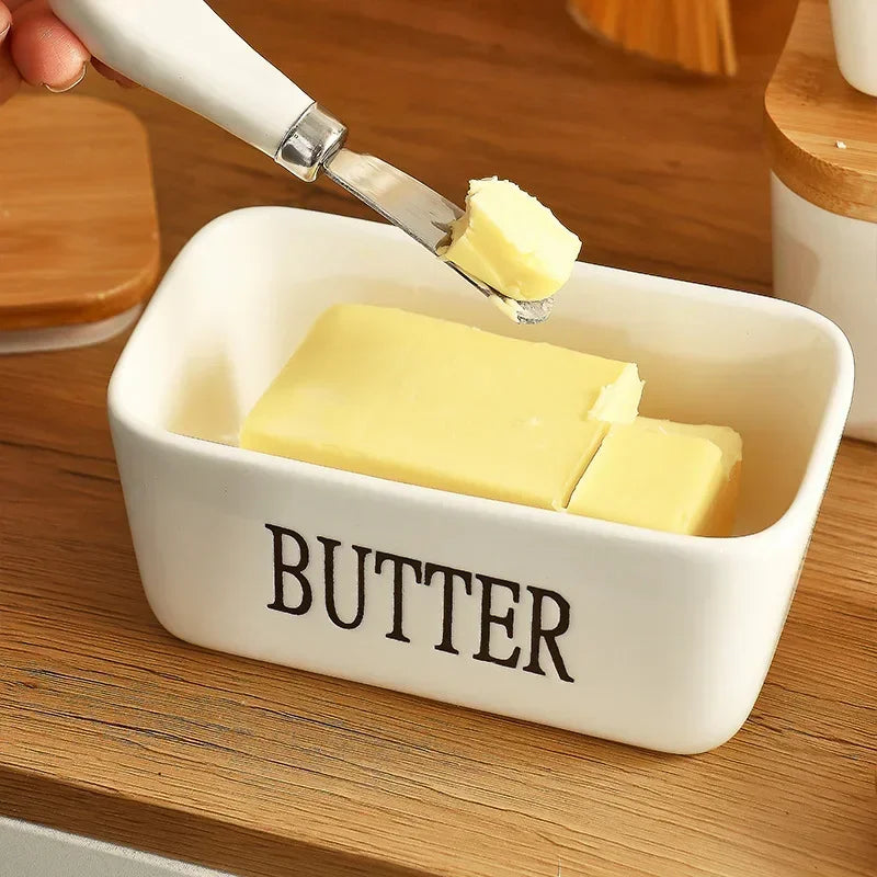 Ceramic Butter Dish with Bamboo Lid & Cheese Knife – 3 Colors Butter Dish Set Qme