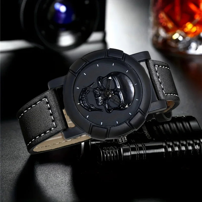 Skull Pattern Round Quartz Watch – PU Leather Strap Quartz Fashion Watch Qme