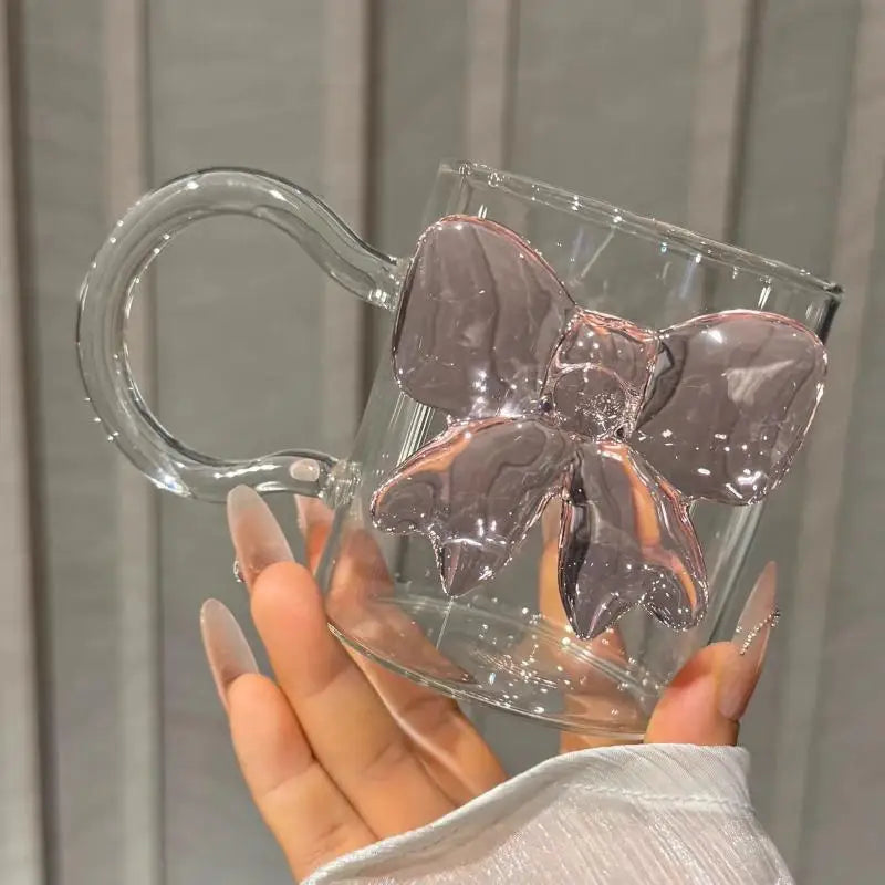 Pink Bow Glass Cup with Handle – Heat-Resistant Borosilicate Decorative Glass Cup Qme