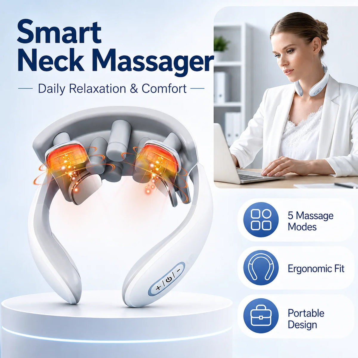 PAQIN Smart Neck Massager – 5 Modes, Portable Ergonomic Neck Massager Qst