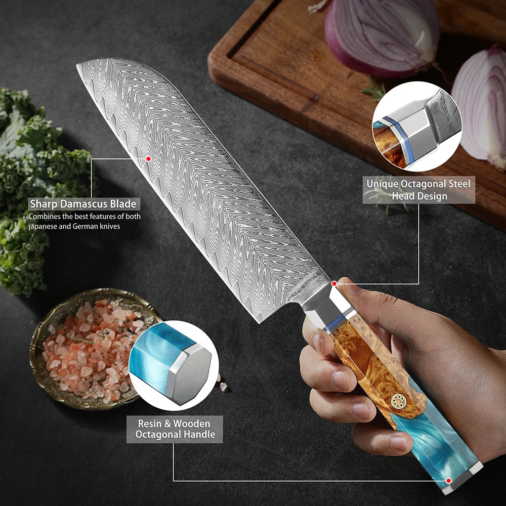 XITUO Damascus Steel Kitchen Knife Set – Blue Resin Handle Kitchen Knife Set Qst